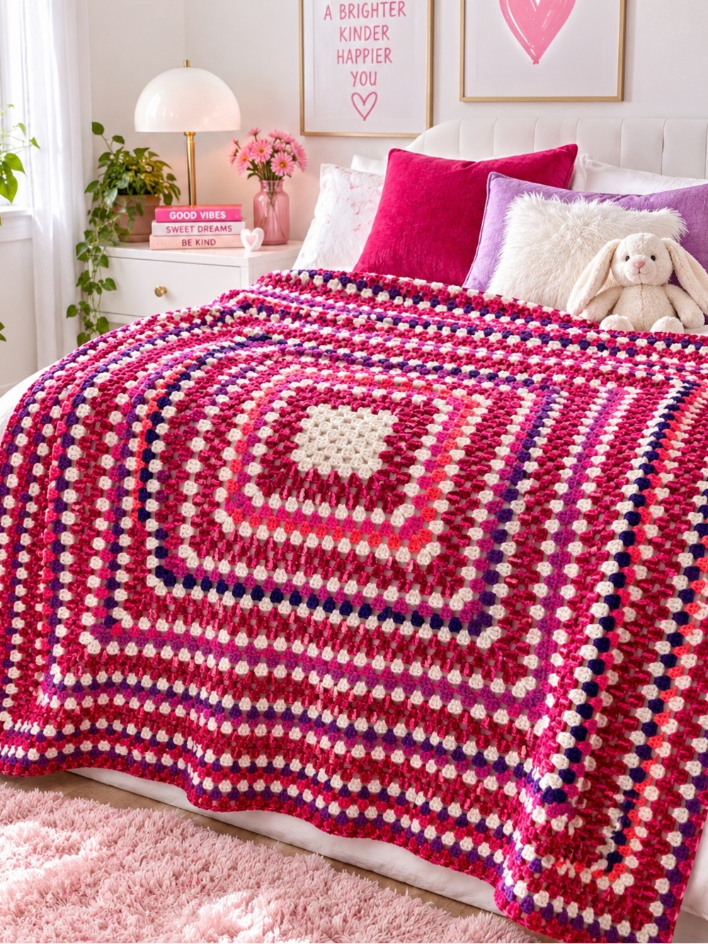Handmade Geometric Throw Blanket in Pink & White Like New